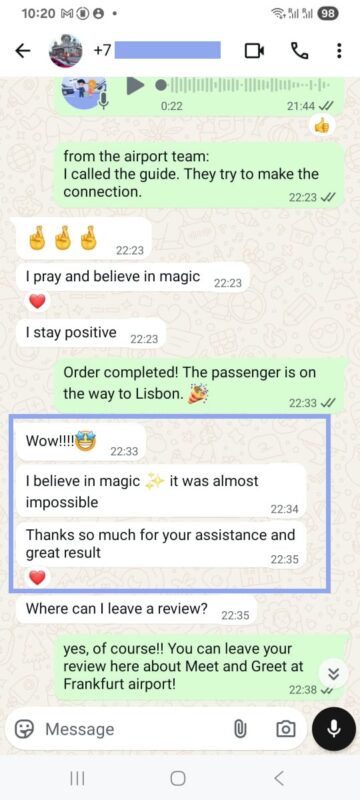 Client WhatsApp review FRA Meet & Greet service