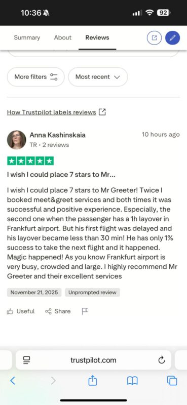 Client Trustpilot review FRA Meet & Greet service