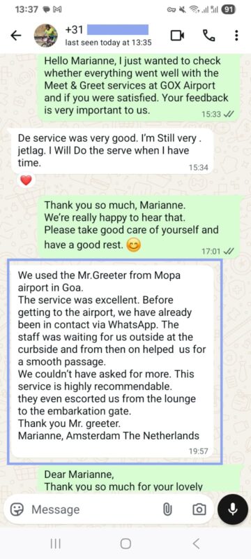 Client WhatsApp review GOX Meet & Greet