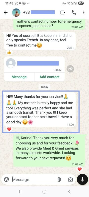 Client WhatsApp review FRA Meet & Greet